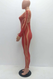 Red Sexy Solid Mesh O Neck Skinny Jumpsuits