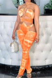 Orange Fashion Sexy Print Hollowed Out Backless Halter Skinny Jumpsuits