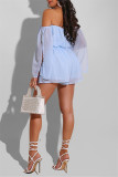 Baby Blue Fashion Casual Solid Backless Off the Shoulder Regular Romper