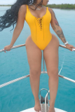 Orange Sexy Solid Hollowed Out Draw String Swimwears