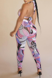 Pink Sexy Print Patchwork Halter Sleeveless Two Pieces