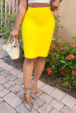 Fluorescent Yellow Fashion Casual Solid Basic Regular High Waist Skirts