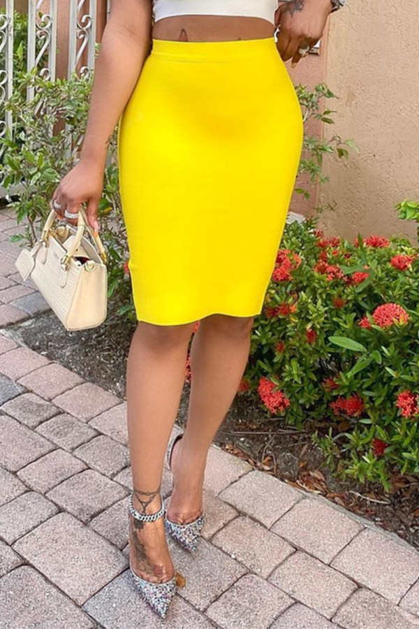 Fluorescent Yellow Fashion Casual Solid Basic Regular High Waist Skirts