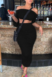 Black Fashion Sexy Solid Backless Fold Off the Shoulder Long Sleeve Two Pieces