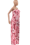 Brown Casual Print Patchwork Strapless Straight Jumpsuits