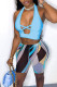 Blue Sexy Print Hollowed Out Patchwork Halter Sleeveless Two Pieces