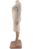 Apricot Fashion Casual Solid Buckle Turndown Collar Long Sleeve Dresses
