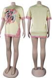 Pink Casual Print Split Joint O Neck T-Shirts