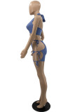 Grey Sexy Solid Bandage Hollowed Out Backless Halter Sleeveless Two Pieces