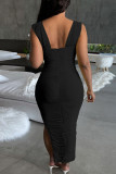 Black Elegant Solid Split Joint Fold Square Collar Pencil Skirt Dresses