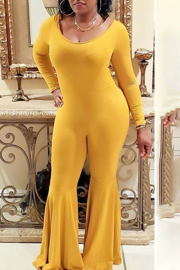 Yellow Sexy Solid Patchwork Off the Shoulder Skinny Jumpsuits