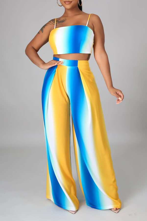 Yellow Sexy Striped Patchwork Spaghetti Strap Sleeveless Two Pieces