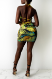 Yellow Sexy Print Hollowed Out Halter Pencil Skirt Dresses
