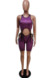 Purple Sexy Print Hollowed Out U Neck Sleeveless Two Pieces