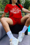 Red Fashion Casual Print Basic O Neck Short Sleeve Two Pieces