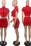 Red Sexy Solid Patchwork Zipper Collar Short Sleeve Two Pieces