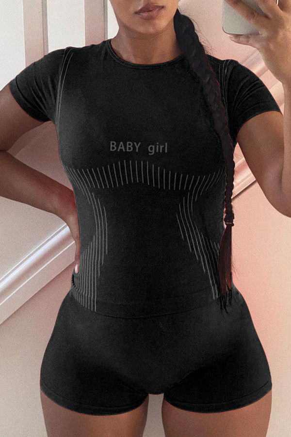 Black Casual Letter Print Basic O Neck Short Sleeve Two Pieces