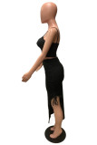 Rose Red Sexy Casual Solid Slit Spaghetti Strap Sleeveless Two Pieces
