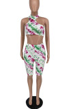 Cyan Casual Print Hollowed Out Patchwork O Neck Sleeveless Two Pieces