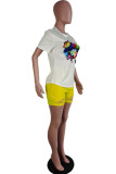 Yellow Fashion Casual Print Ripped O Neck Short Sleeve Two Pieces