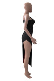 Black Fashion Sexy Solid Hollowed Out Slit One Shoulder Sleeveless Dress Dresses