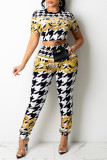 Multicolor Fashion Casual Print Basic O Neck Short Sleeve Two Pieces