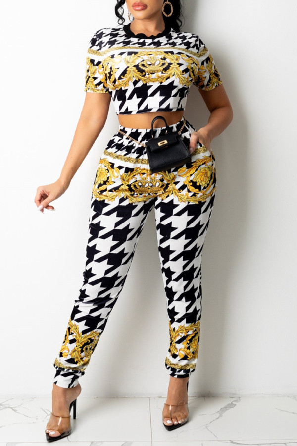 Multicolor Fashion Casual Print Basic O Neck Short Sleeve Two Pieces