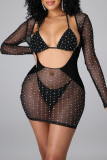 Apricot Sexy Patchwork Hot Drilling Hollowed Out See-through Long Sleeve Dress Three-piece Set