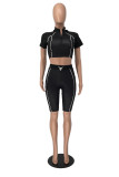 Black Casual Solid Basic Zipper Collar Short Sleeve Two Pieces