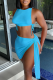 Blue Sexy Solid Patchwork O Neck Sleeveless Two Pieces