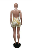 Gold Fashion Sexy Print Hollowed Out Backless Spaghetti Strap Skinny Romper