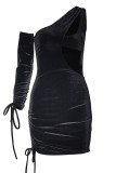 Black Sexy Solid Hollowed Out Backless One Shoulder Irregular Dress