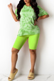 Ink Green Fashion Casual Print Basic O Neck Short Sleeve Two Pieces