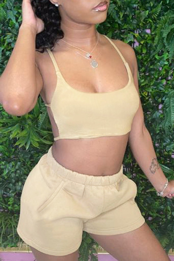 Light Yellow Sexy Casual Solid Backless Spaghetti Strap Sleeveless Two Pieces