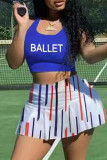 Blue Casual Sportswear Print Vests U Neck Sleeveless Two Pieces
