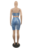 The cowboy blue Sexy Solid Patchwork Spaghetti Strap Sleeveless Two Pieces