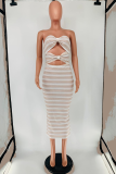 White Sexy Print Patchwork Strapless Pencil Skirt Dresses