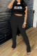 Black Casual Print Patchwork Buckle O Neck Short Sleeve Two Pieces