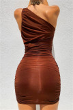 Brown Fashion Sexy Solid Fold One Shoulder Sleeveless Dress