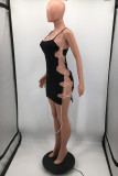 Black Sexy Solid Hollowed Out Frenulum Spaghetti Strap Sleeveless Dress