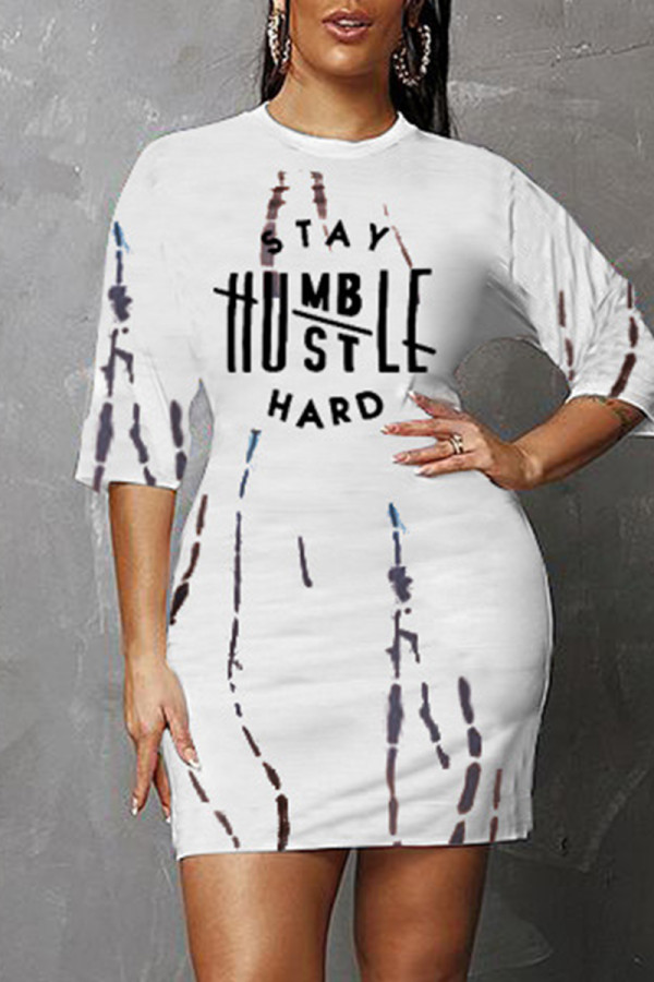 White Fashion Casual Letter Print Basic O Neck Short Sleeve Dress