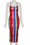 Red Sexy Print Split Joint Backless Spaghetti Strap A Line Dresses