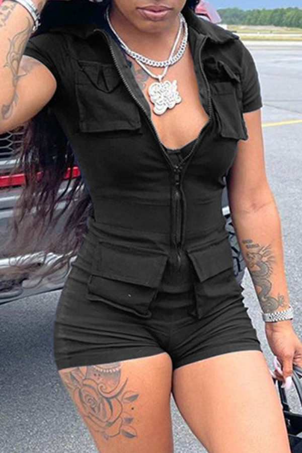 Black Fashion Casual Solid Pocket Zipper Collar Skinny Romper
