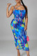 Blue Sexy Print Patchwork Spaghetti Strap Pencil Skirt Dresses