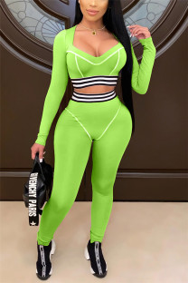 Fluorescent Green Sexy Sportswear Long Sleeve V Neck Regular Sleeve Short Patchwork Two Pieces