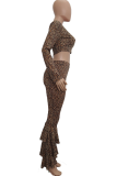 Leopard Print Sexy Leopard Patchwork O Neck Long Sleeve Two Pieces