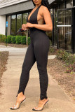 Black Sexy Casual Solid Backless Halter Skinny Jumpsuits