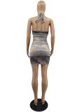 Grey Fashion Sexy Print Backless Halter Sleeveless Dress