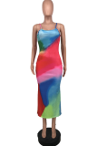 Multi-color Sexy Print Patchwork Spaghetti Strap Trumpet Mermaid Dresses