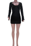 Black Sexy Solid Split Joint Fold U Neck Pencil Skirt Dresses